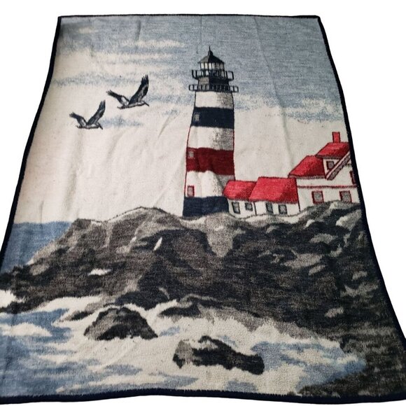Vintage Biederlack Lighthouse Throw Blanket Reversible Nautical Made in USA - Picture 1 of 7